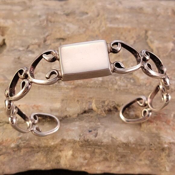 Vintage Sterling Open Scoll Work Engravable Cuff Bracelet - Picture 2 of 9